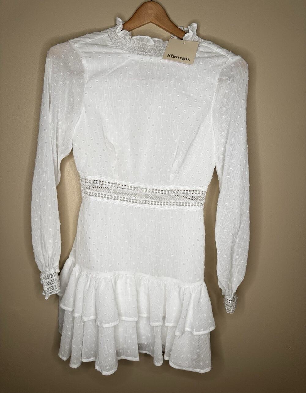 NEW/ Tags Showpo Women's White High Neck Long Sleeve Mini Dress Lace Ruffle 8
